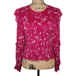 WAYF Womens Floral Smocked Ruffled Blouse Size Medium Dark Pink